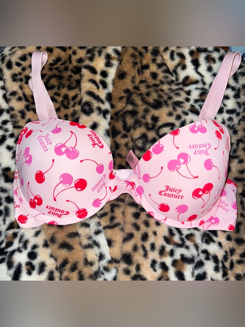 Juicy Couture Pink Cherry Print Push-Up Bra with Red Accents 34B